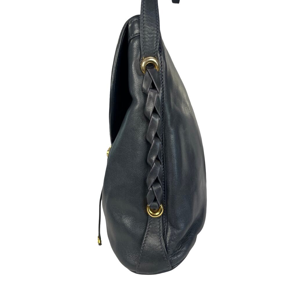 Gucci Vintage Navy Leather Shoulder Bag Italy Gold Tone GG Hardware - Picture 12 of 14